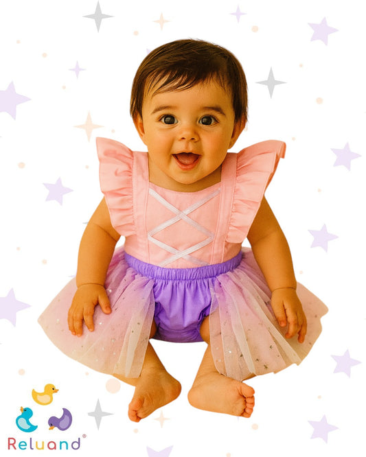 Vestido disfraz de Ariel la sirenita, color rosa, lila y tutu con brillos integrado, talla 0 a 6 meses.