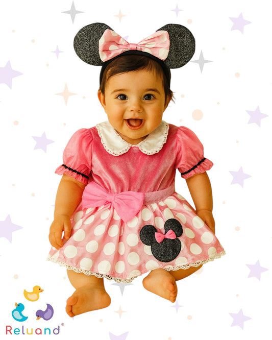 Disfraz Minnie Mouse en vestido color rosa con pepas blancas, moño y brillos, incluye diadema de orejitas, marca Disney Baby, talla 0 a 6 meses.