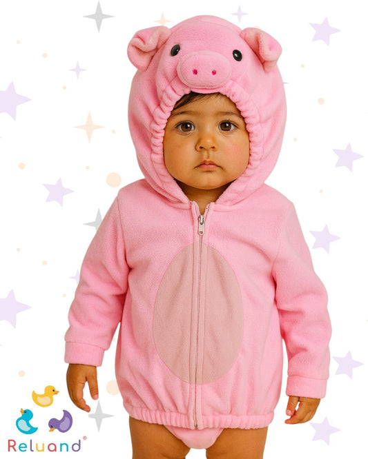 Disfraz de Cerdito en color rosa con capota, talla 12 a 18 meses.
