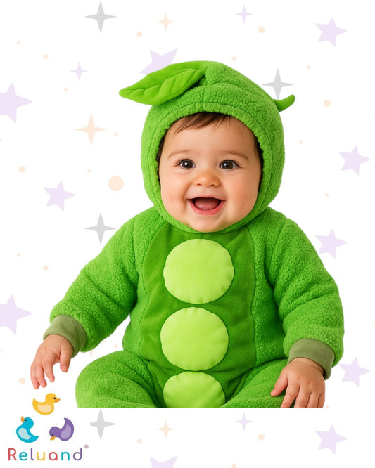 Disfraz de Arveja en sleeping de algodón color verde con capota, marca Celebration Creations, talla 6 a 12 meses.