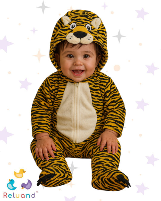 Disfraz de Tigre, colores amarillo, beige y negro con capota de personaje, marca Fantastic Night, talla 6 a 12 meses.