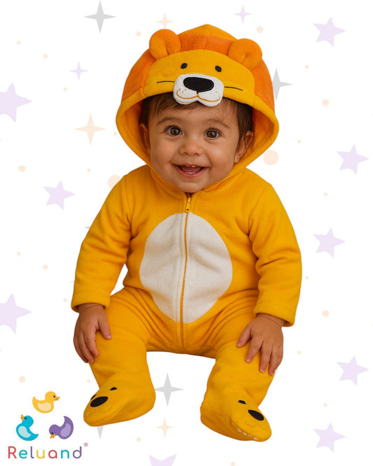 Disfraz de León, color amarillo quemado con naranja y blanco, pies cubiertos, marca Boulevar, talla 12 meses.