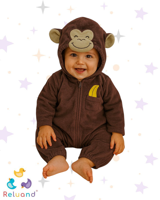 Disfraz de Mono, capucha con orejas y una cara de mono bordada o aplicada, cuerpo de color marrón que imita el pelaje del mono, marca Carter´s, talla 12 meses.