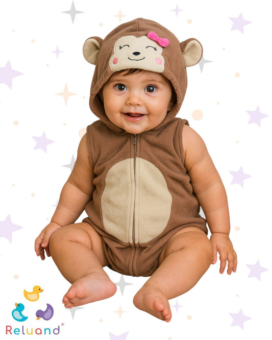 Disfraz de Mono niña con moñito rosa, color café y en algodón, marca Carter´s, talla 12 meses.