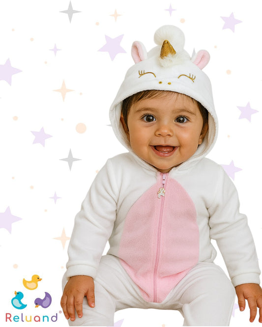 Disfraz de Unicornio en color blanco con rosa y dorado, talla 6 a 12 meses.