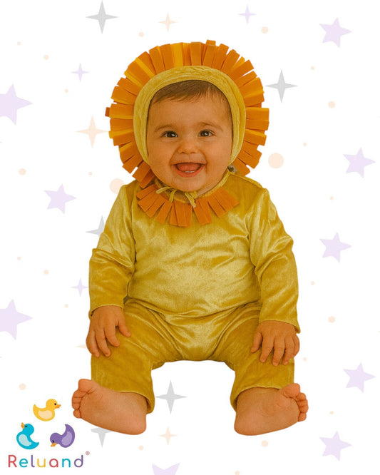 Disfraz de León, gorro y enterizo en color dorado brillante, marca Disguise, talla 12 a 18 meses.