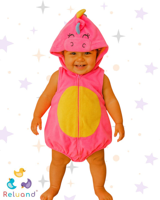 Disfraz de Dinosaurio rosa con pancita color durazno y capota personificada, marca Carter´s, talla 18 meses.