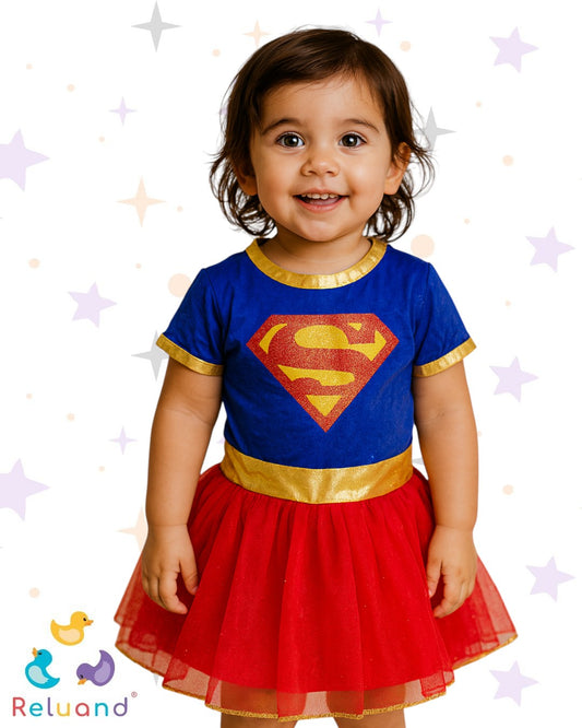 Disfraz super mujer para niña en color rojo, amarillo y azul, marca Rubie´s, talla 4T.