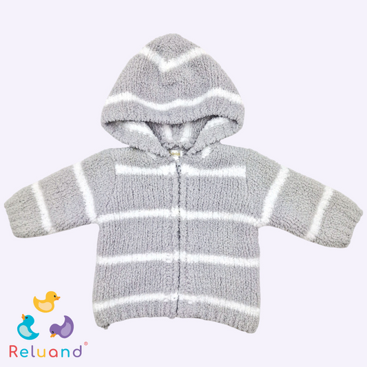 Saco en felpa color gris y blanco a rayas, Marca Baby Yampi, Talla 0 meses.