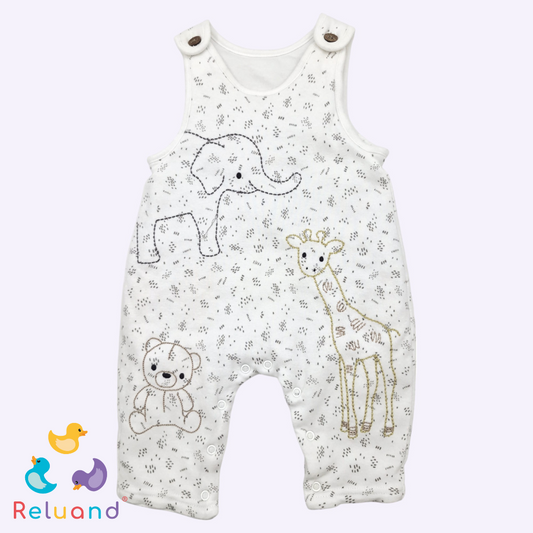 Overol blanco térmico con bordado de elefante y jirafa, Talla 0 meses.