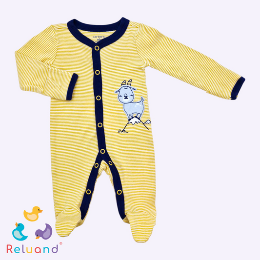 Set pijamas X2 amarillo a rayas con cabra y beige con osos azules, Marca Carter´s, Talla NB.