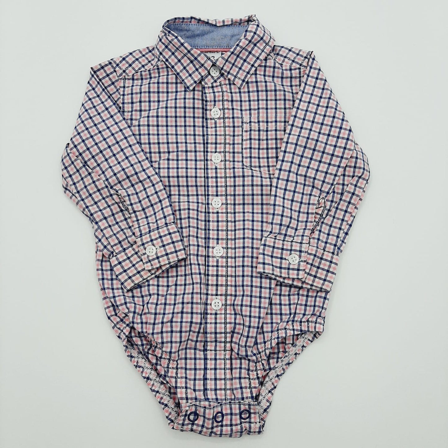 Body tipo camisa de cuadros rosados 12M marca Carter´s