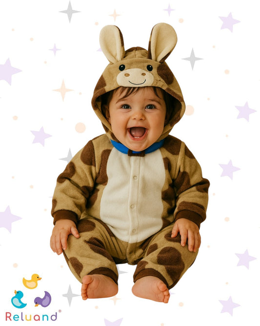 Disfraz de animal en color beige, café y blanco, collar azul con hebilla, talla 3 a 6 meses.