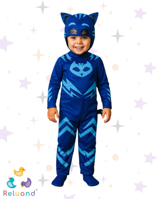 Disfraz de PJ Masks Cat Boy, colores azul y logo en metalizado, marca PJ Masks, talla 2T.